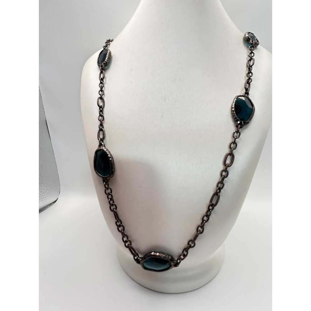 Chico's Long Station Necklace Women OS Teal Blue Gunmetal Good Faceted Resin